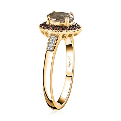 AAA Turkizite, Brown and White Zircon Halo Ring in Vermeil Yellow Gold Over Sterling Silver (Size 6.0) 1.15 ctw