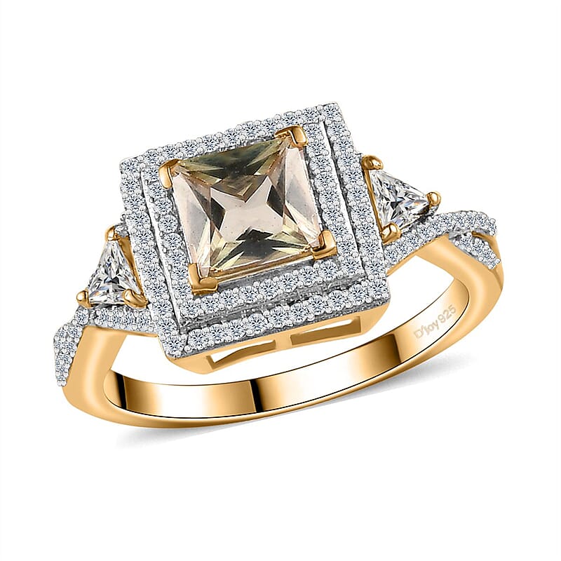 Princess Cut AAA Turkizite and White Zircon Double Halo Ring in Vermeil Yellow Gold Over Sterling Silver (Size 6.0) 1.90 ctw