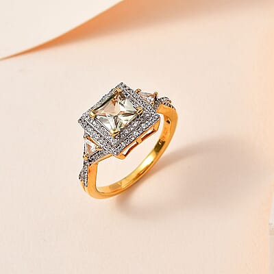Princess Cut AAA Turkizite and White Zircon Double Halo Ring in Vermeil Yellow Gold Over Sterling Silver (Size 6.0) 1.90 ctw