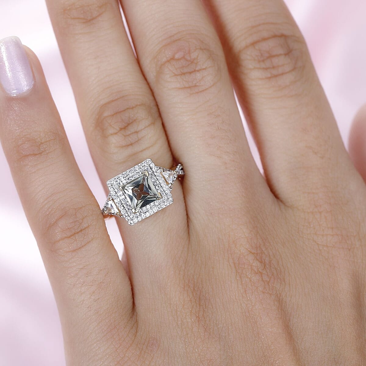 Princess Cut AAA Turkizite and White Zircon Double Halo Ring in Vermeil Yellow Gold Over Sterling Silver (Size 6.0) 1.90 ctw image number 2