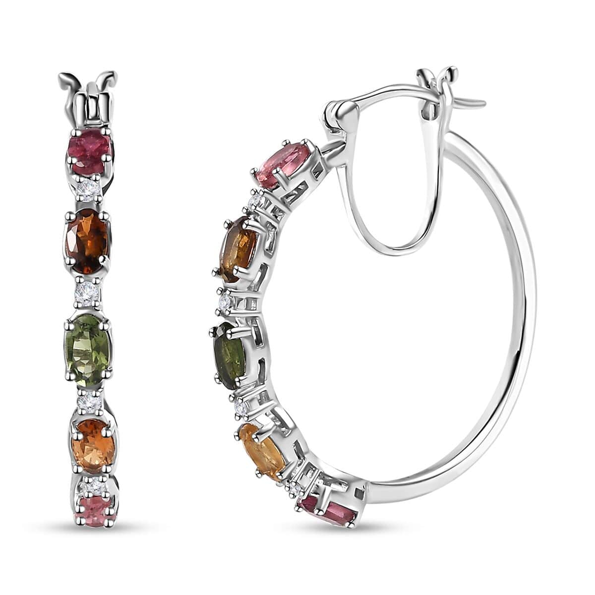TLV Multi-Tourmaline, White Zircon Hoop Earrings in Platinum Over Sterling Silver 2.50 ctw image number 0