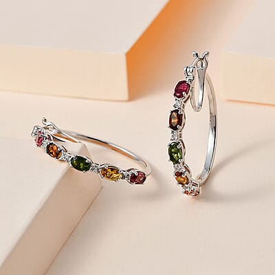 Multi-Tourmaline and White Zircon Hoop Earrings in Platinum Over Sterling Silver 2.50 ctw