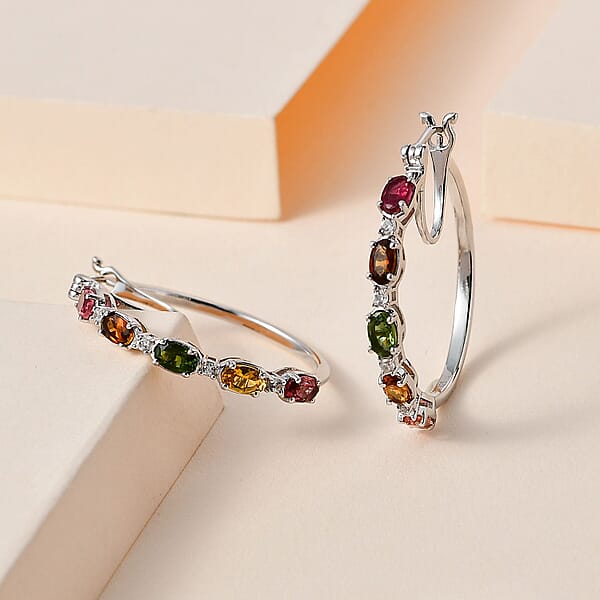 Multi-Tourmaline and White Zircon Hoop Earrings in Platinum Over Sterling Silver 2.50 ctw