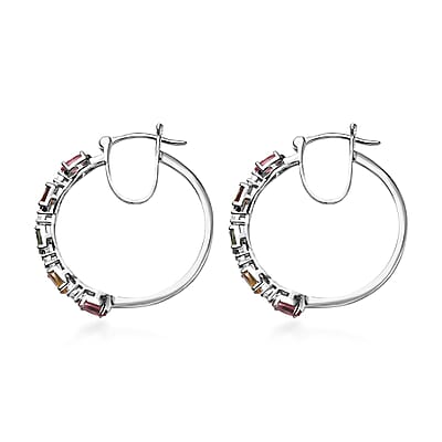 Multi-Tourmaline and White Zircon Hoop Earrings in Platinum Over Sterling Silver 2.50 ctw