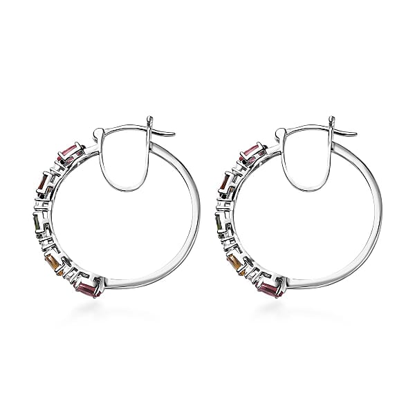 Multi-Tourmaline and White Zircon Hoop Earrings in Platinum Over Sterling Silver 2.50 ctw
