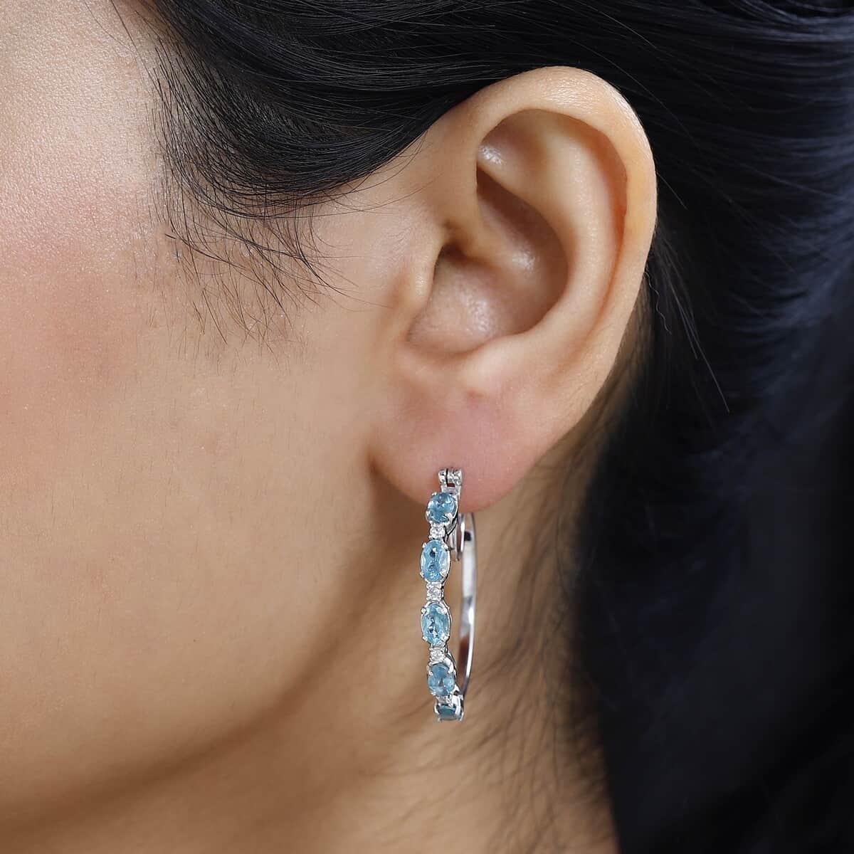 Madagascar Paraiba Apatite and White Zircon Inside Out Hoop Earrings in Platinum Over Sterling Silver 2.65 ctw image number 2