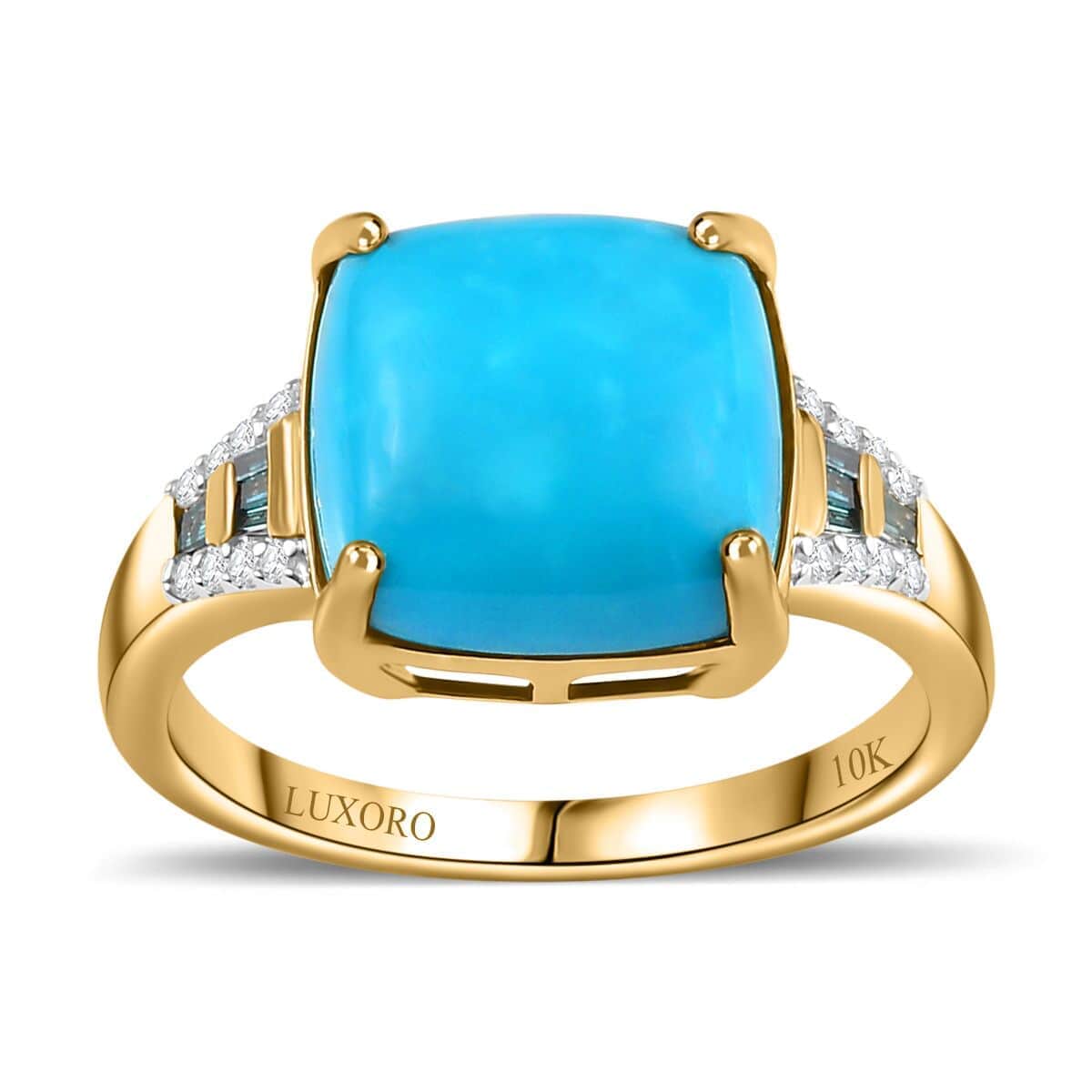 Luxoro 10K Yellow Gold Premium Sleeping Beauty Turquoise, Blue Diamond and Diamond I2 Ring (Size 7.0) 5.15 ctw image number 0