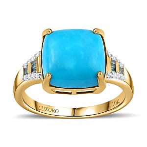 Luxoro 10K Yellow Gold Premium Sleeping Beauty Turquoise, Blue Diamond and Diamond I2 Ring (Size 7.0) 5.15 ctw