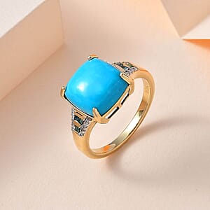 Luxoro 10K Yellow Gold Premium Sleeping Beauty Turquoise, Blue Diamond and Diamond I2 Ring (Size 7.0) 5.15 ctw
