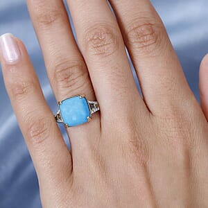 Luxoro 10K Yellow Gold Premium Sleeping Beauty Turquoise, Blue Diamond and Diamond I2 Ring (Size 7.0) 5.15 ctw