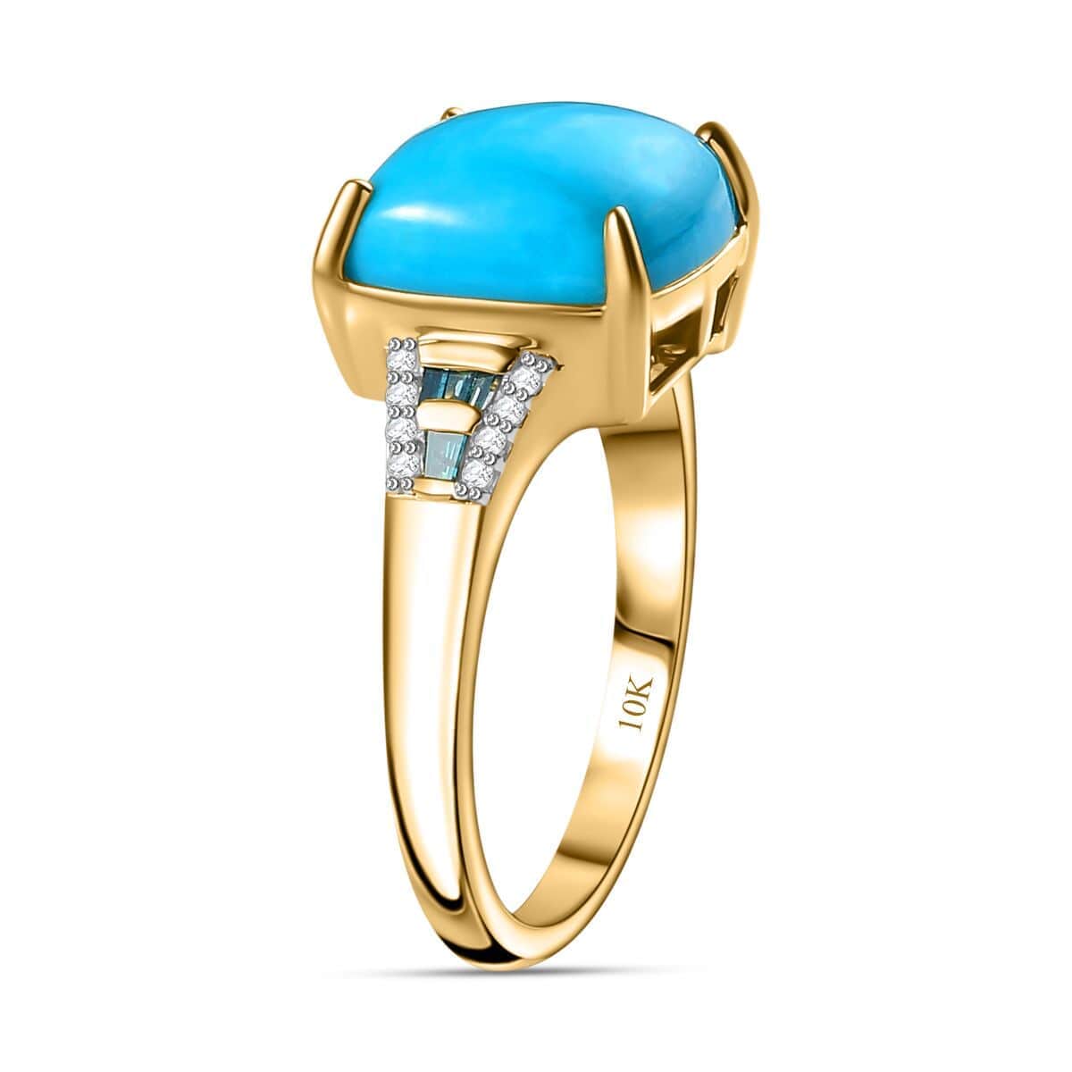 Luxoro 10K Yellow Gold Premium Sleeping Beauty Turquoise, Blue Diamond and Diamond I2 Ring (Size 7.0) 5.15 ctw image number 3