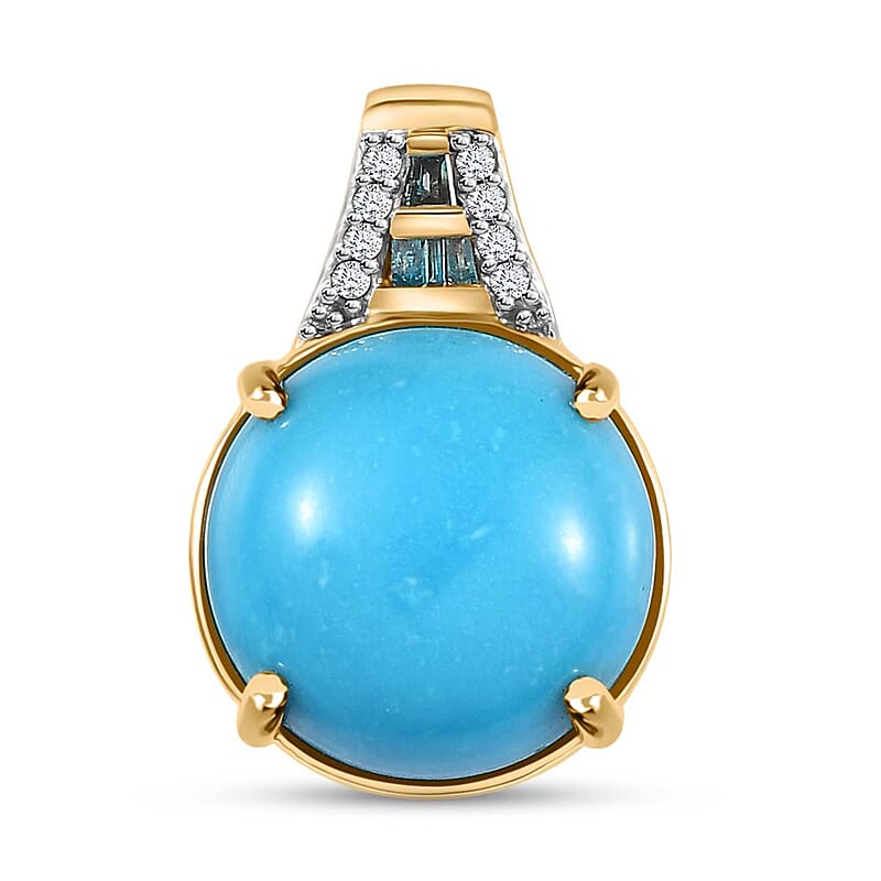Luxoro 10K Yellow Gold Premium Sleeping Beauty Turquoise, Blue and White Diamond I2 Pendant without Chain 5.20 ctw