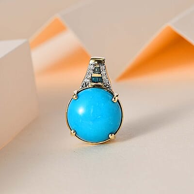 Luxoro 10K Yellow Gold Premium Sleeping Beauty Turquoise, Blue and White Diamond I2 Pendant without Chain 5.20 ctw