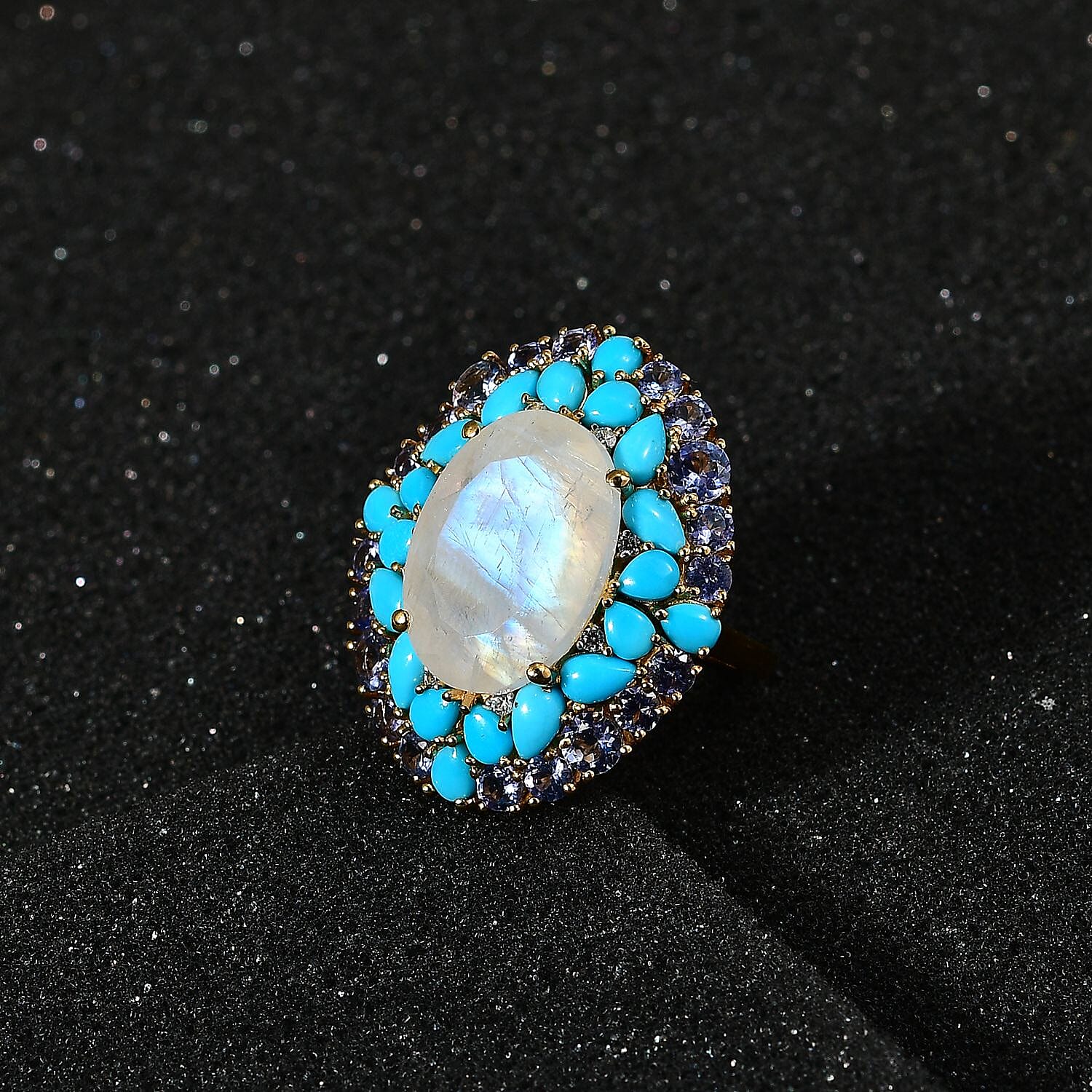 Premium Rainbow Moonstone and Multi Gemstone Cocktail Ring in Vermeil Yellow Gold Over Sterling Silver (Size 10.0) 17.50 ctw