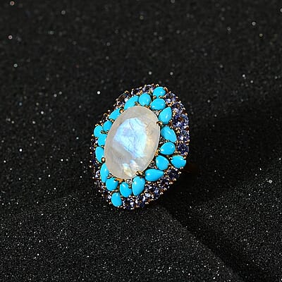 Premium Rainbow Moonstone and Multi Gemstone Cocktail Ring in Vermeil Yellow Gold Over Sterling Silver (Size 10.0) 17.50 ctw