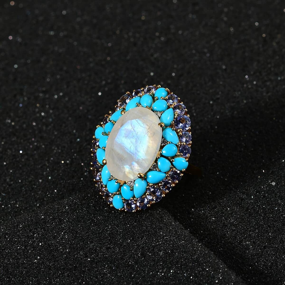 Premium Rainbow Moonstone and Multi Gemstone Cocktail Ring in Vermeil Yellow Gold Over Sterling Silver (Size 10.0) 17.50 ctw image number 2