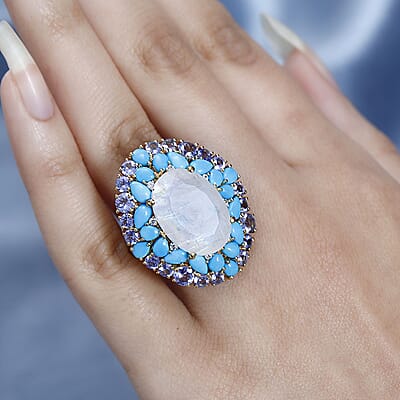 Premium Rainbow Moonstone and Multi Gemstone Cocktail Ring in Vermeil Yellow Gold Over Sterling Silver (Size 10.0) 17.50 ctw