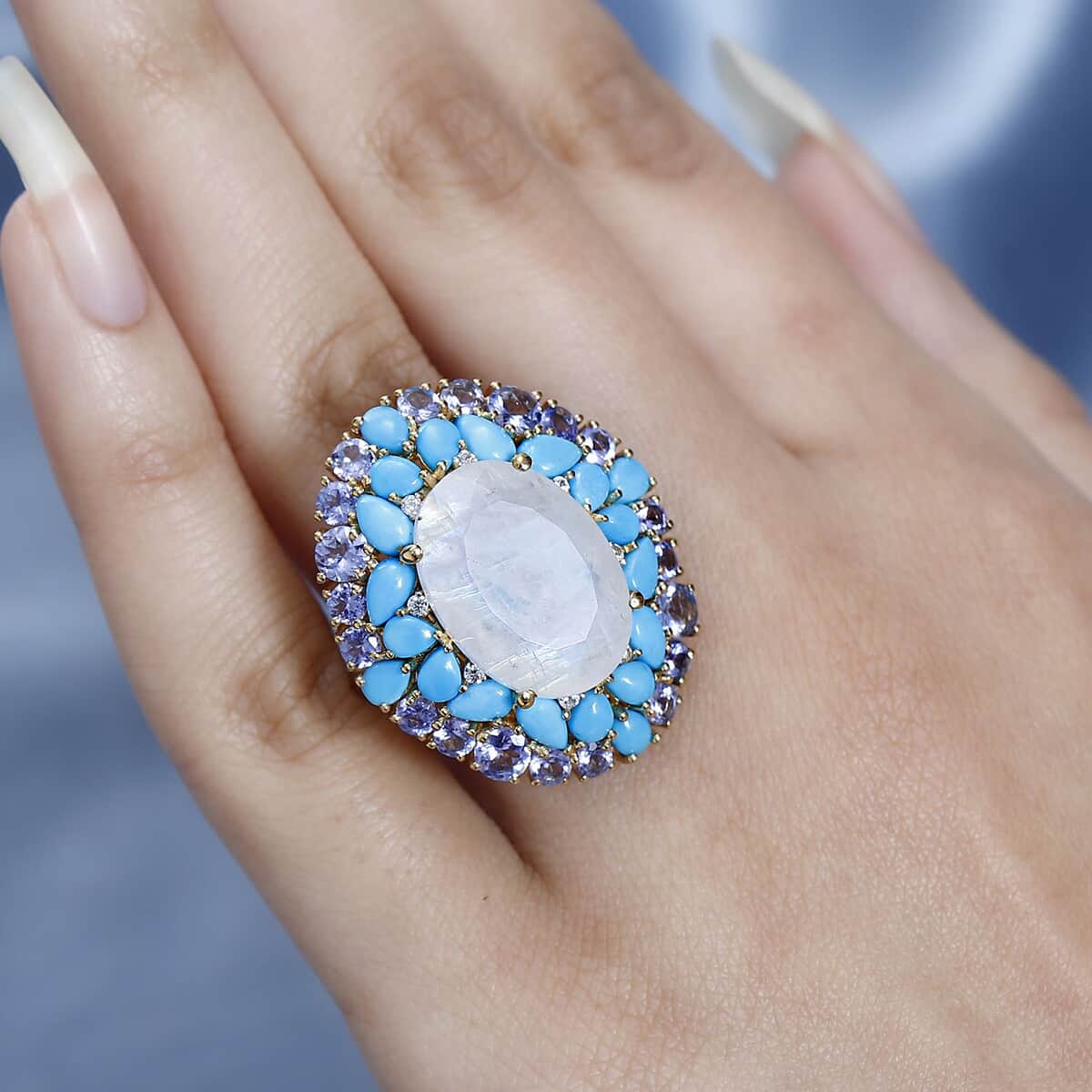Premium Rainbow Moonstone and Multi Gemstone Cocktail Ring in Vermeil Yellow Gold Over Sterling Silver (Size 10.0) 17.50 ctw image number 3