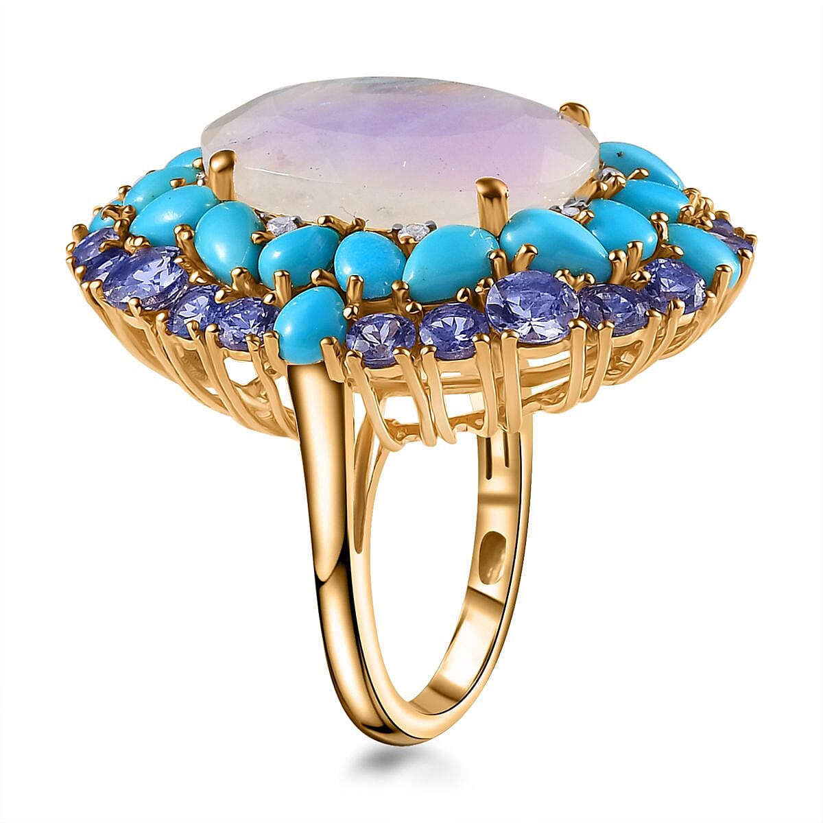 Premium Rainbow Moonstone and Multi Gemstone Cocktail Ring in Vermeil Yellow Gold Over Sterling Silver (Size 10.0) 17.50 ctw