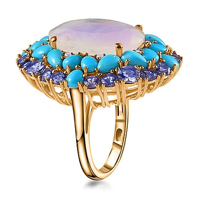 Premium Rainbow Moonstone and Multi Gemstone Cocktail Ring in Vermeil Yellow Gold Over Sterling Silver (Size 10.0) 17.50 ctw