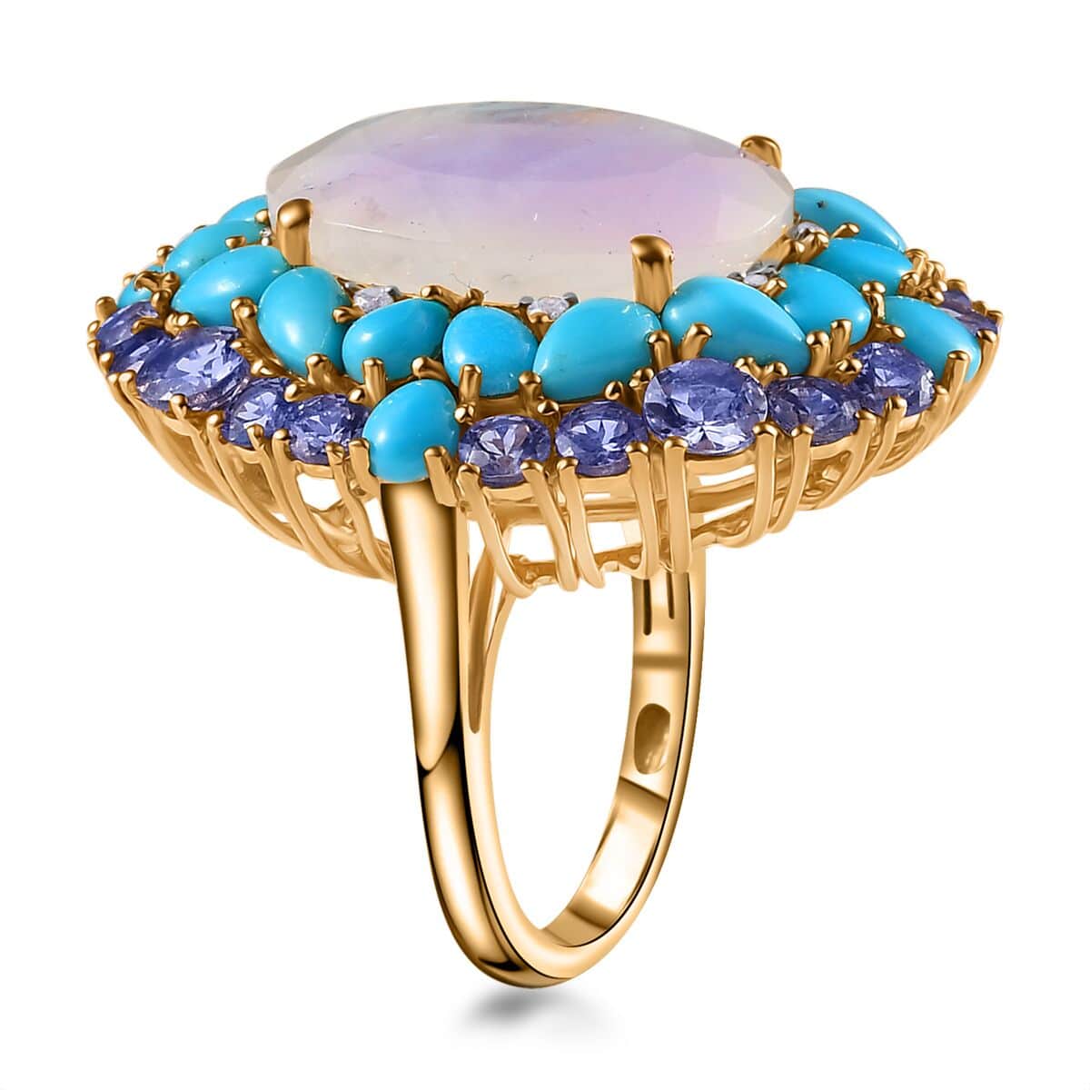 Premium Rainbow Moonstone and Multi Gemstone Cocktail Ring in Vermeil Yellow Gold Over Sterling Silver (Size 10.0) 17.50 ctw image number 4