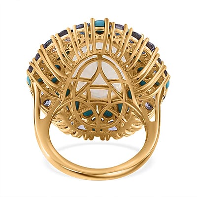 Premium Rainbow Moonstone and Multi Gemstone Cocktail Ring in Vermeil Yellow Gold Over Sterling Silver (Size 10.0) 17.50 ctw