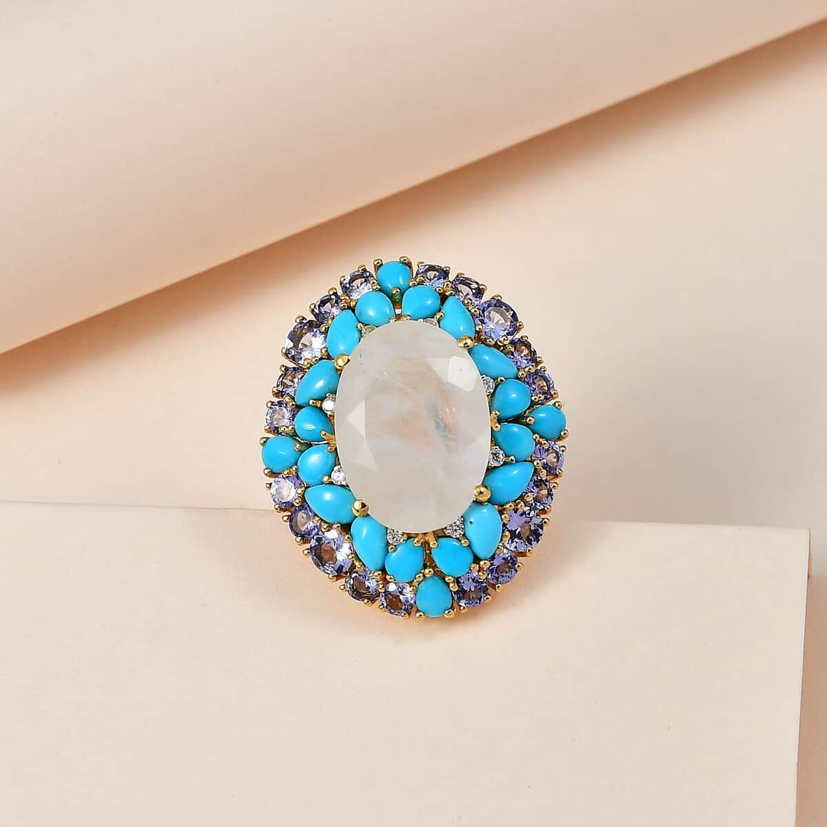 Premium Rainbow Moonstone and Multi Gemstone Cocktail Ring in Vermeil Yellow Gold Over Sterling Silver (Size 7.0) 17.50 ctw image number 1