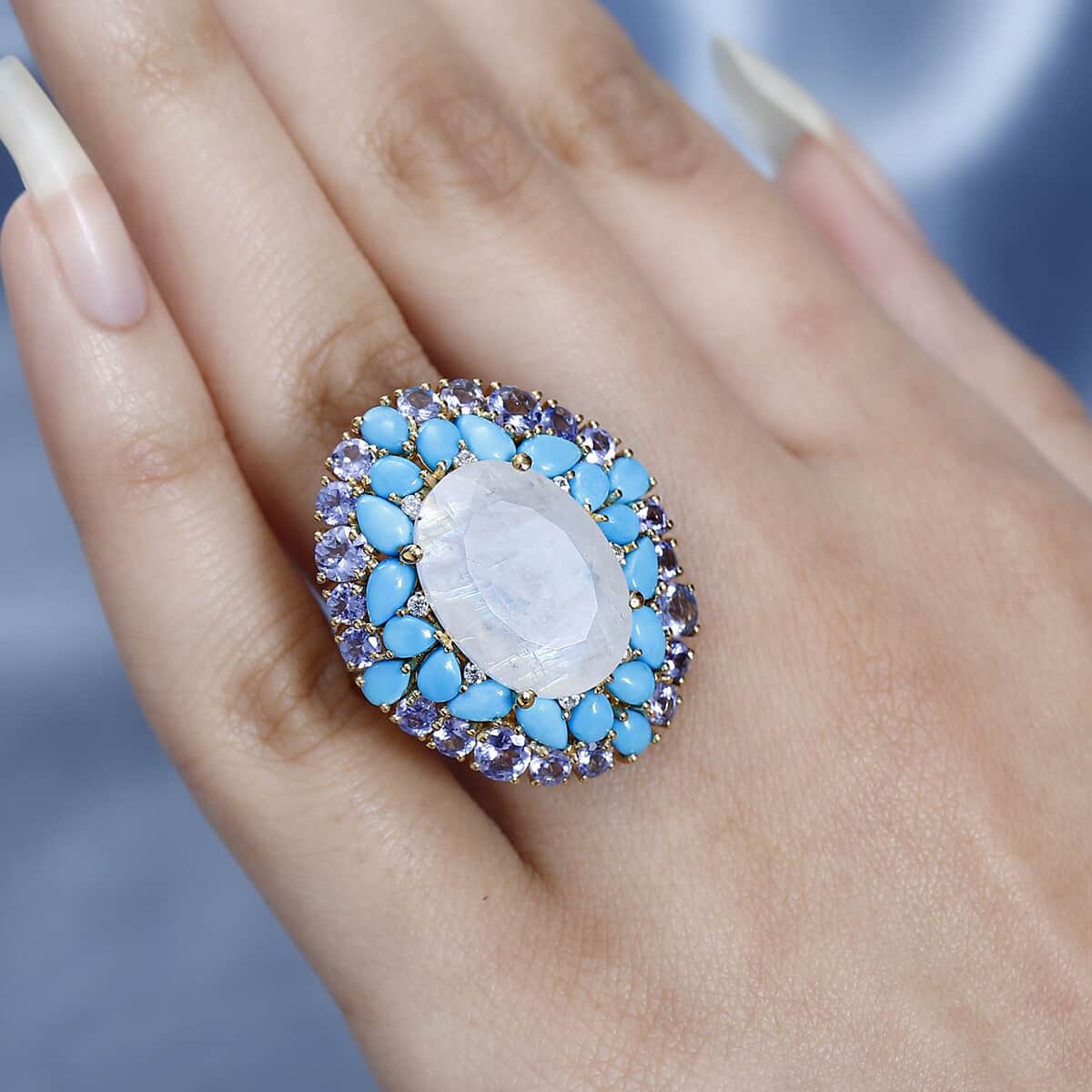 Premium Rainbow Moonstone and Multi Gemstone Cocktail Ring in Vermeil Yellow Gold Over Sterling Silver (Size 7.0) 17.50 ctw image number 3