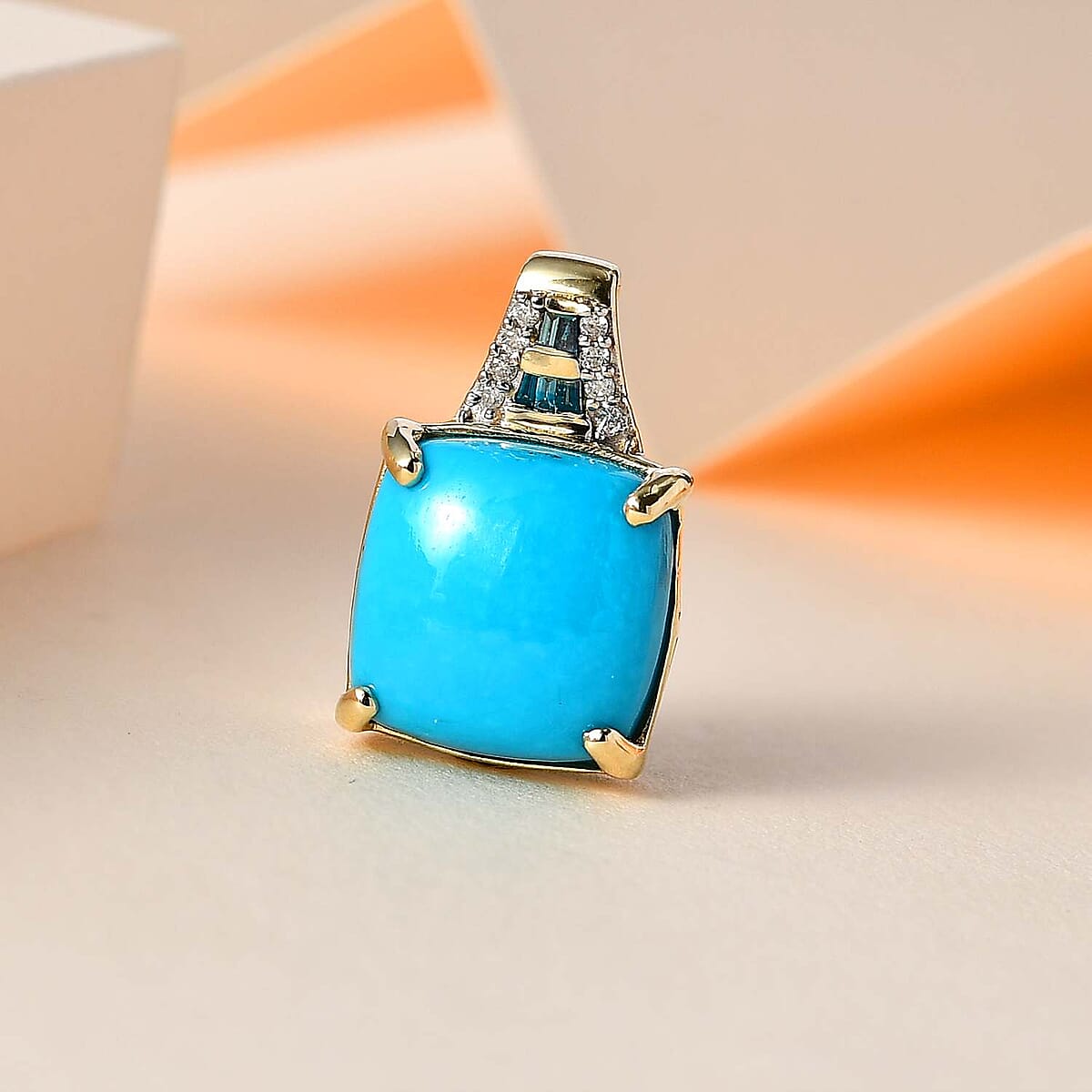 Luxoro 10K Yellow Gold Premium Sleeping Beauty Turquoise, Blue and White Diamond I2 Pendant without Chain 5.40 ctw image number 1