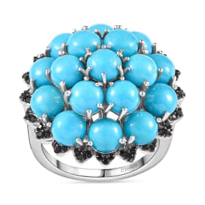 Sleeping Beauty Turquoise, Thai Black Spinel Cluster Ring in Platinum Over Sterling Silver (Size 10.0) 8.85 ctw