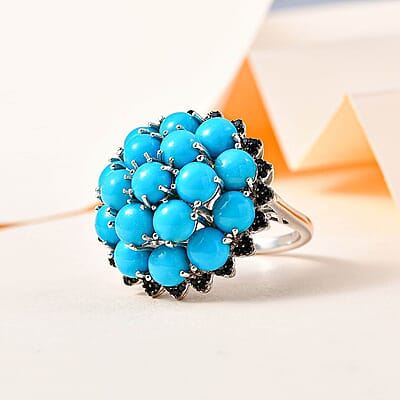 Sleeping Beauty Turquoise, Thai Black Spinel Cluster Ring in Platinum Over Sterling Silver (Size 10.0) 8.85 ctw