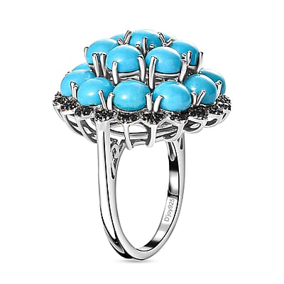 Sleeping Beauty Turquoise, Thai Black Spinel Cluster Ring in Platinum Over Sterling Silver (Size 10.0) 8.85 ctw