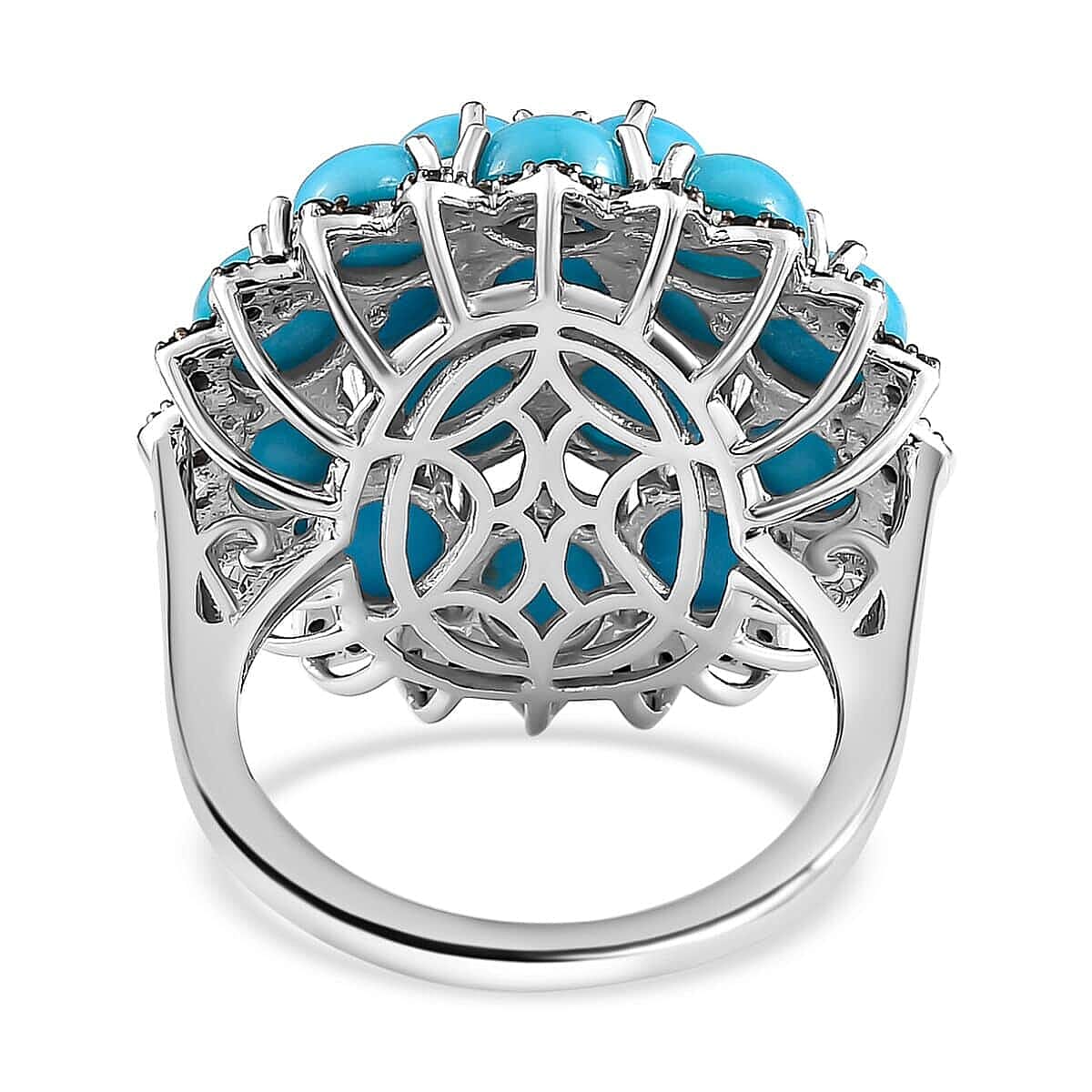 Sleeping Beauty Turquoise, Thai Black Spinel Cluster Ring in Platinum Over Sterling Silver (Size 10.0) 8.85 ctw