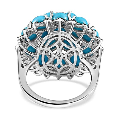 Sleeping Beauty Turquoise, Thai Black Spinel Cluster Ring in Platinum Over Sterling Silver (Size 10.0) 8.85 ctw
