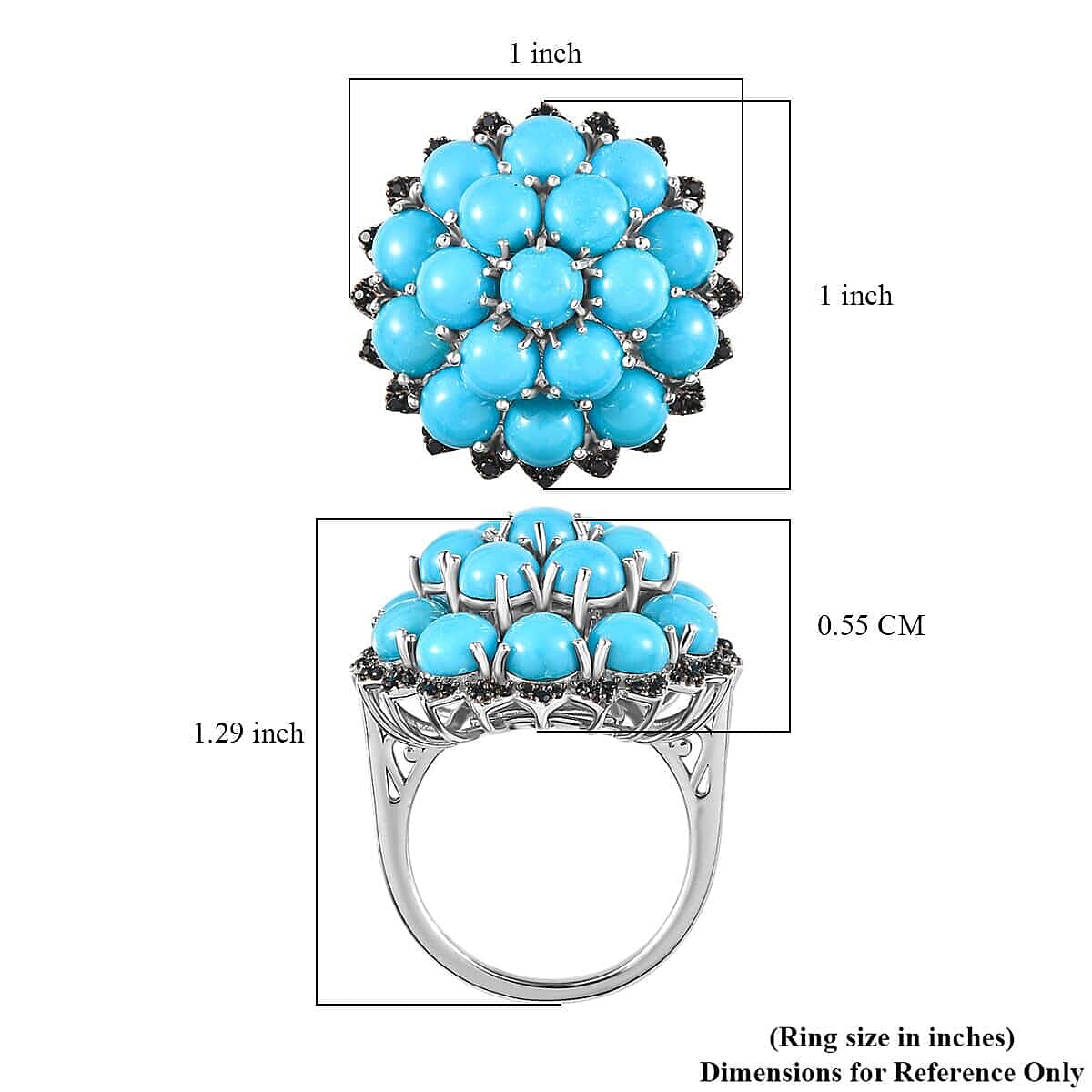 Sleeping Beauty Turquoise, Thai Black Spinel Cluster Ring in Platinum Over Sterling Silver (Size 10.0) 8.85 ctw