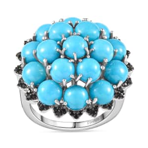 Premium Sleeping Beauty Turquoise and Thai Black Spinel Cluster Ring in Platinum Over Sterling Silver (Size 6.0) 8.85 ctw