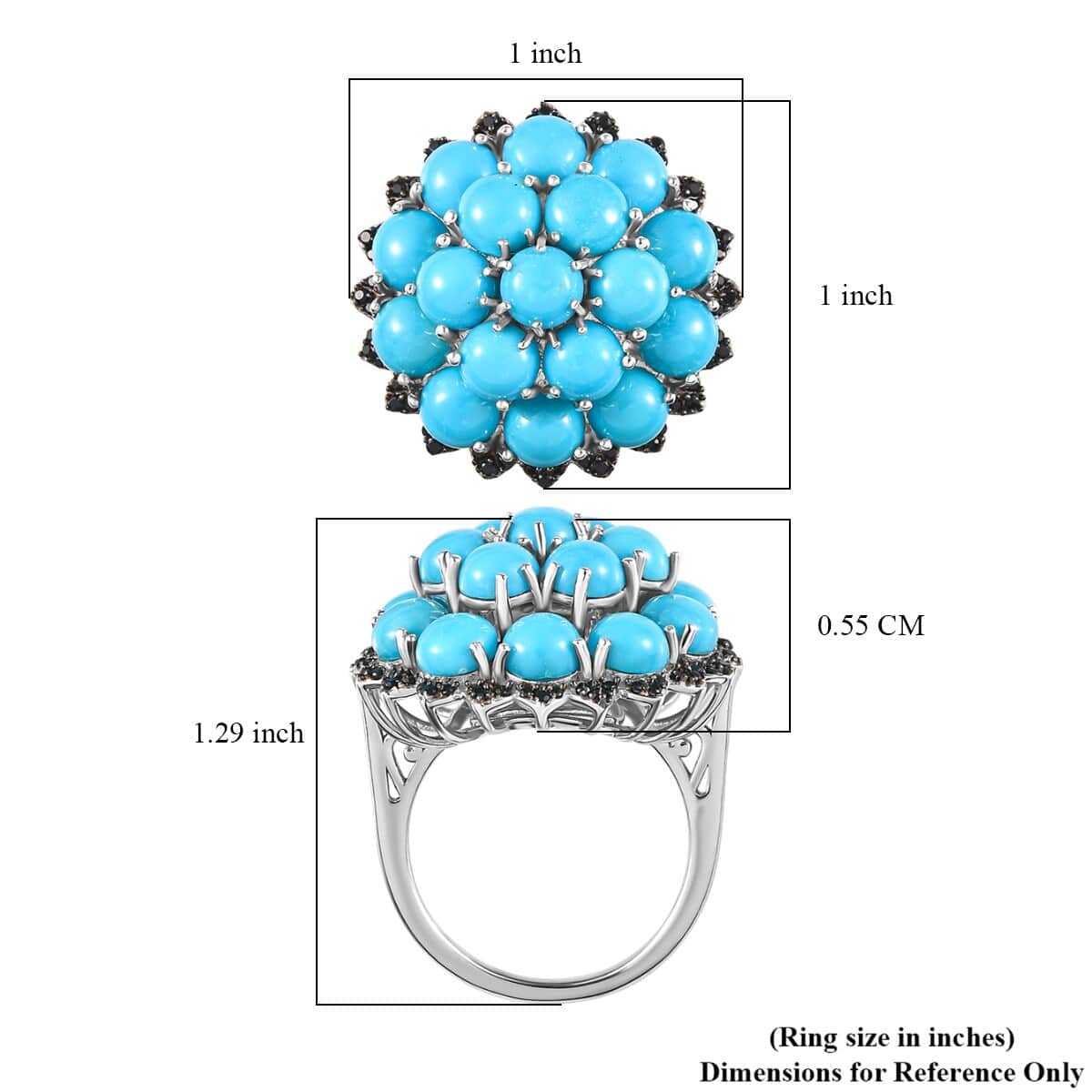 Premium Sleeping Beauty Turquoise and Thai Black Spinel Cluster Ring in Platinum Over Sterling Silver (Size 8.0) 8.85 ctw image number 5