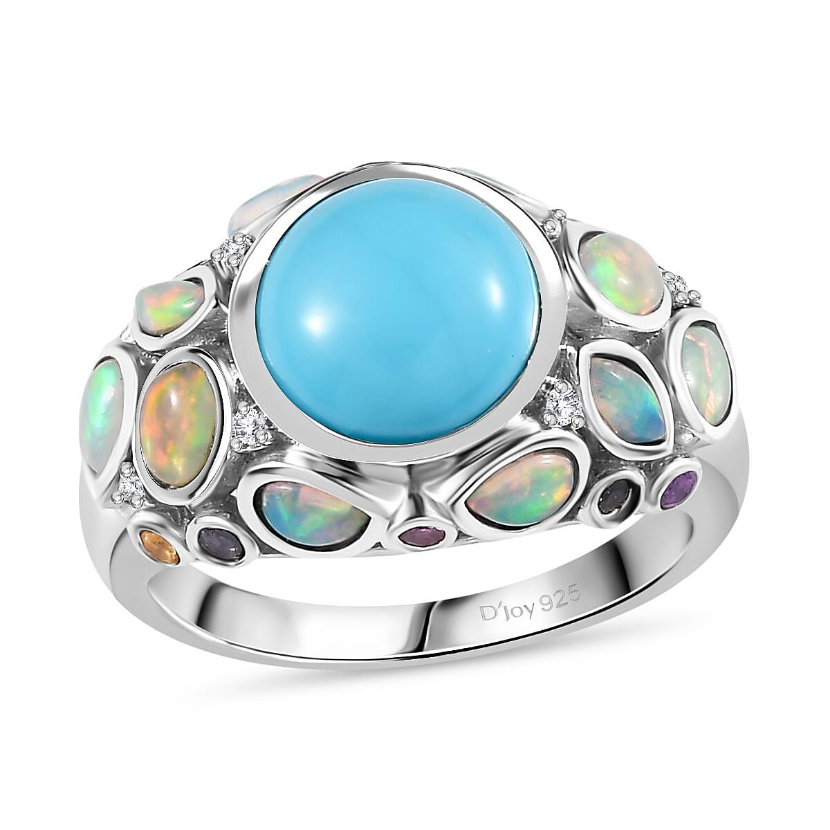 Sleeping Beauty Turquoise and Multi Gemstone Ring in Platinum Over Sterling Silver (Size 6.0) 3.50 ctw