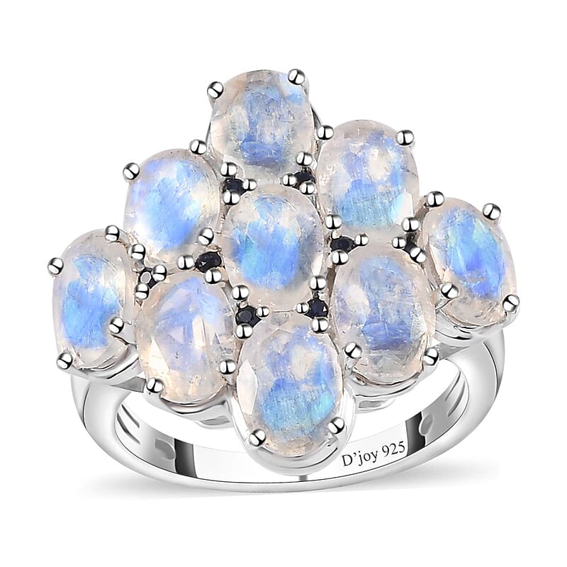 Premium Rainbow Moonstone and Kanchanaburi Blue Sapphire Ring in Platinum Over Sterling Silver (Size 10.0) 5.60 ctw