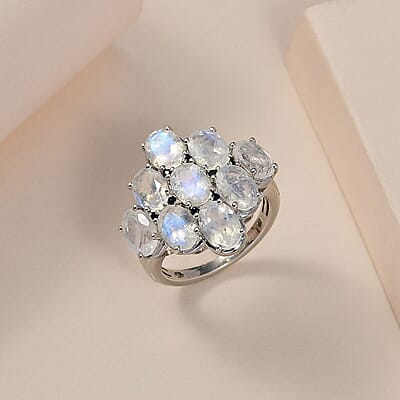 Premium Rainbow Moonstone and Kanchanaburi Blue Sapphire Ring in Platinum Over Sterling Silver (Size 10.0) 5.60 ctw
