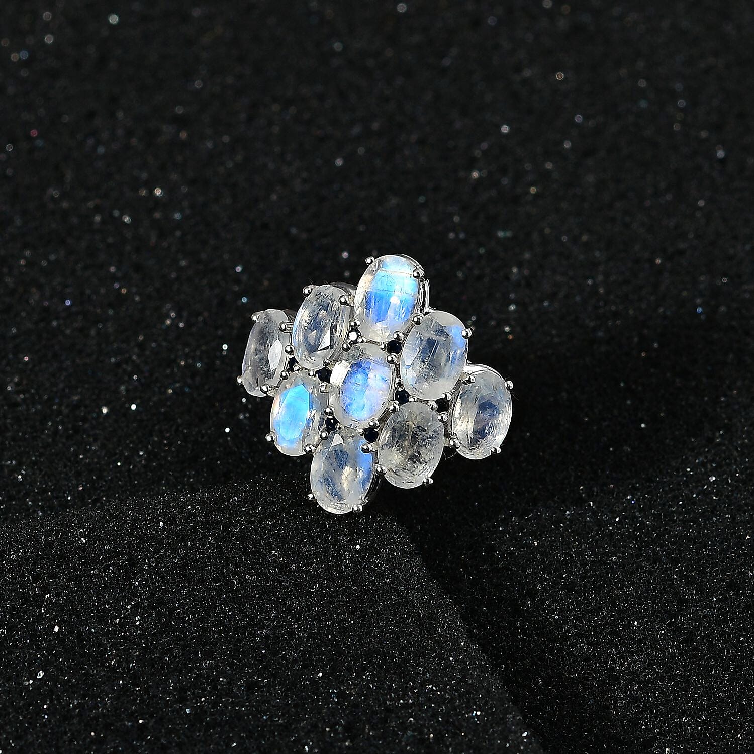 Premium Rainbow Moonstone and Kanchanaburi Blue Sapphire Ring in Platinum Over Sterling Silver (Size 10.0) 5.60 ctw