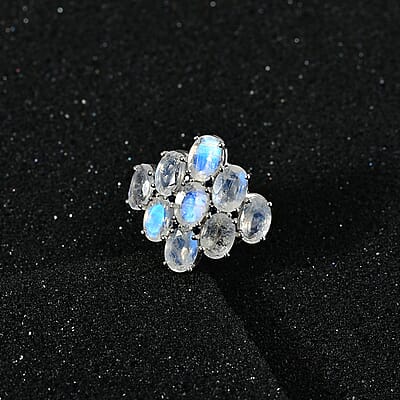 Premium Rainbow Moonstone and Kanchanaburi Blue Sapphire Ring in Platinum Over Sterling Silver (Size 10.0) 5.60 ctw