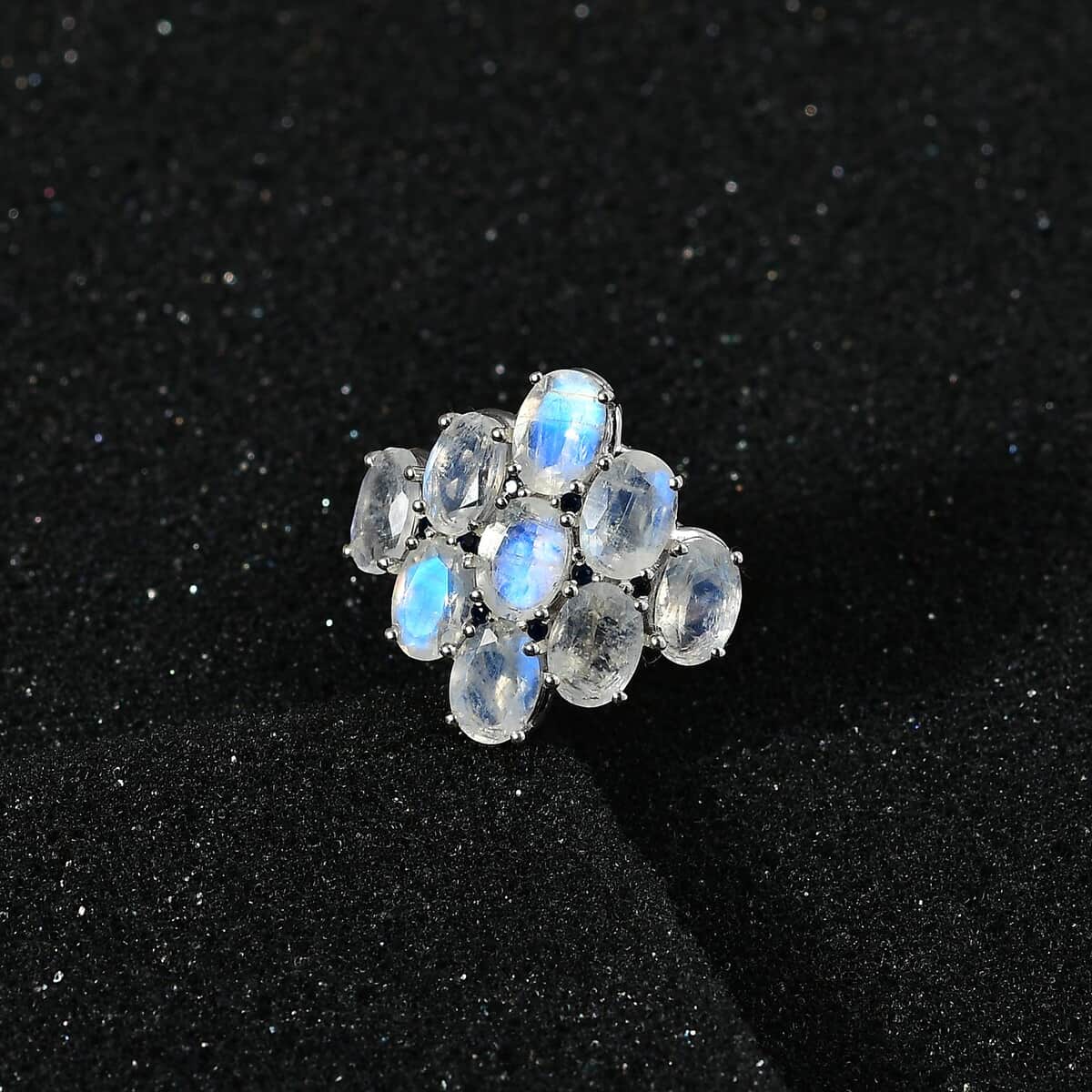 Premium Rainbow Moonstone and Kanchanaburi Blue Sapphire Ring in Platinum Over Sterling Silver (Size 10.0) 5.60 ctw image number 2