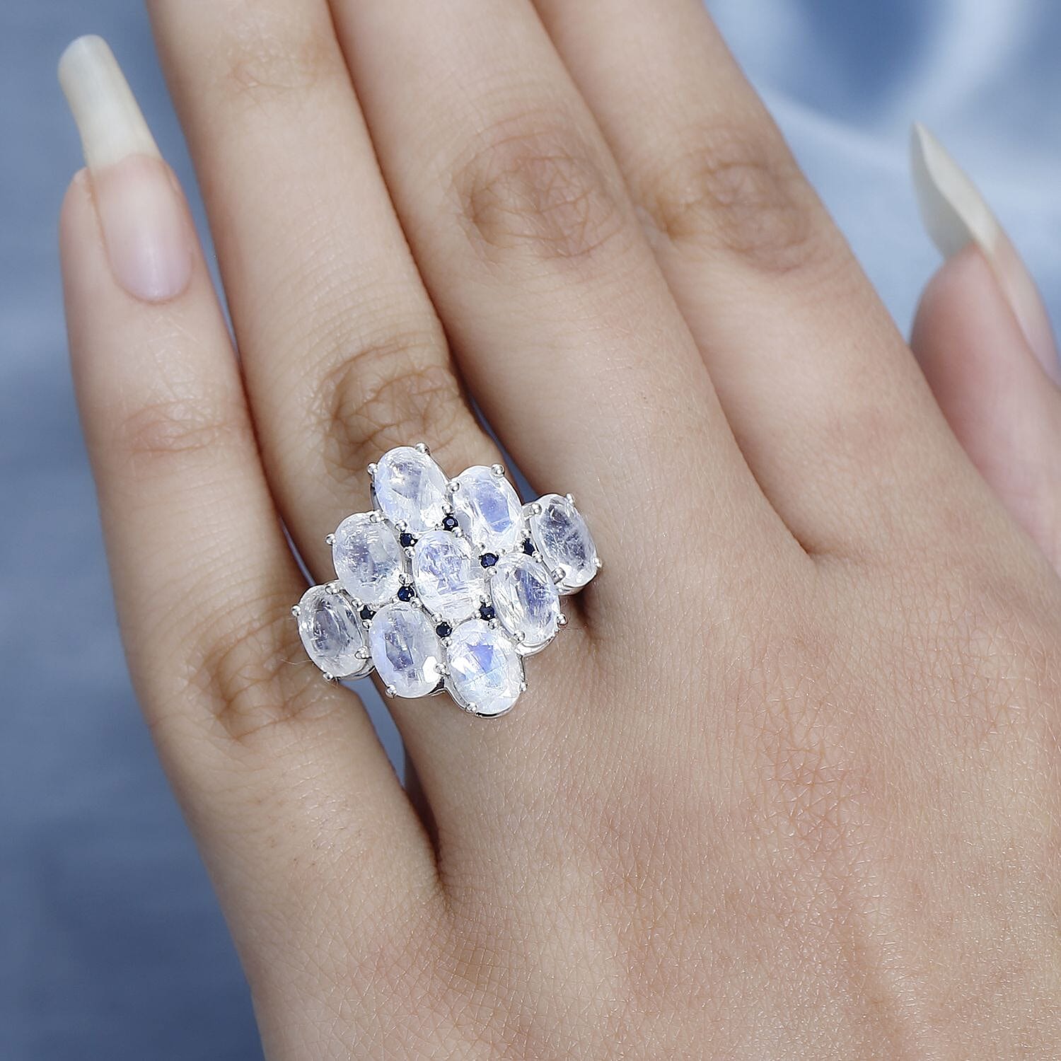 Premium Rainbow Moonstone and Kanchanaburi Blue Sapphire Ring in Platinum Over Sterling Silver (Size 10.0) 5.60 ctw
