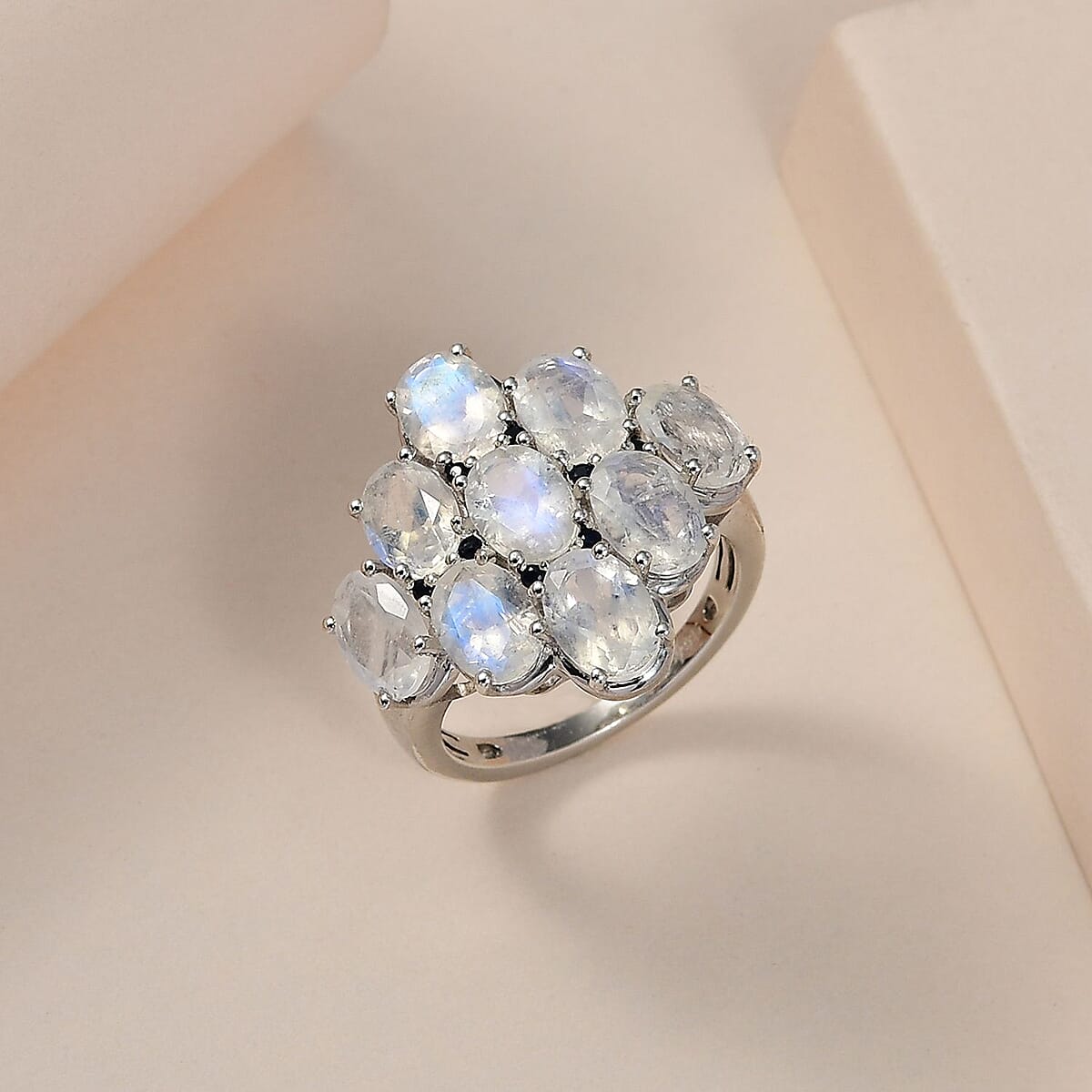 Premium Rainbow Moonstone and Kanchanaburi Blue Sapphire Ring in Platinum Over Sterling Silver (Size 6.0) 5.60 ctw image number 1