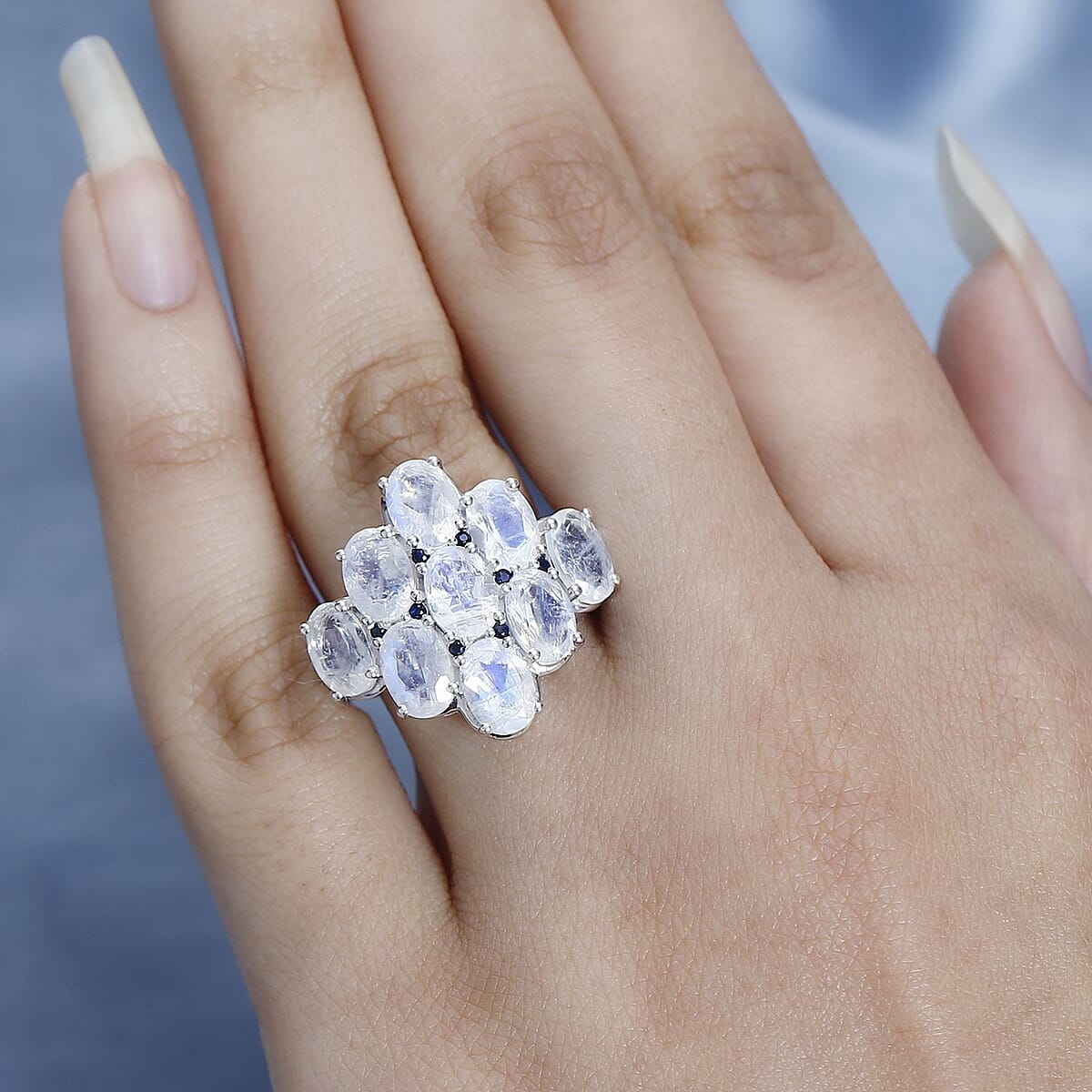 Premium Rainbow Moonstone and Kanchanaburi Blue Sapphire Ring in Platinum Over Sterling Silver (Size 6.0) 5.60 ctw image number 3