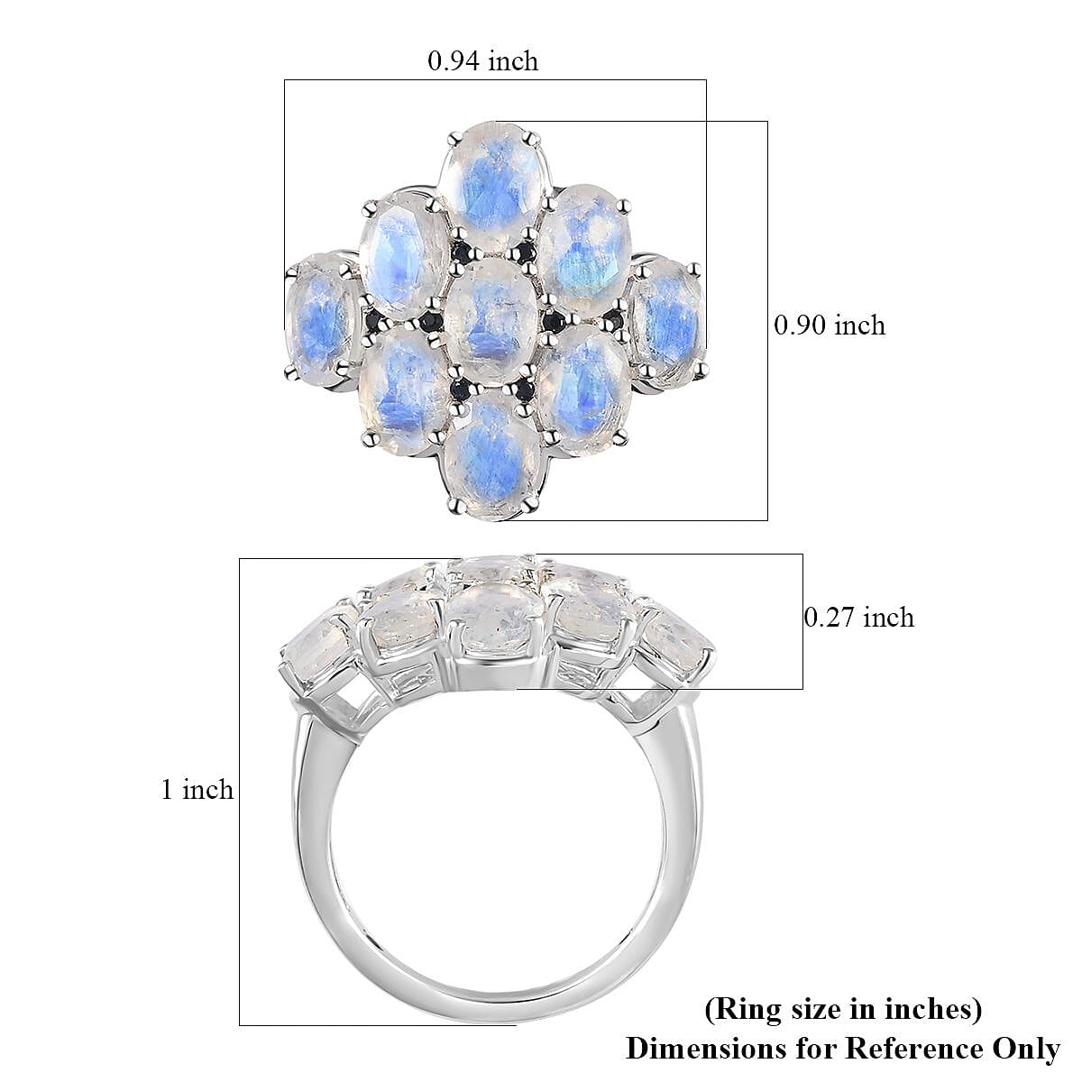 Premium Rainbow Moonstone and Kanchanaburi Blue Sapphire Ring in Platinum Over Sterling Silver (Size 6.0) 5.60 ctw image number 6