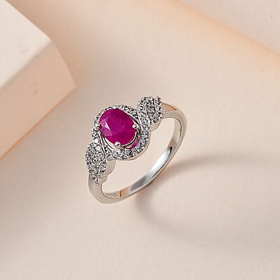 Premium Montepuez Ruby and White Zircon Halo Ring in Platinum Over Sterling Silver (Size 10.0) 1.50 ctw