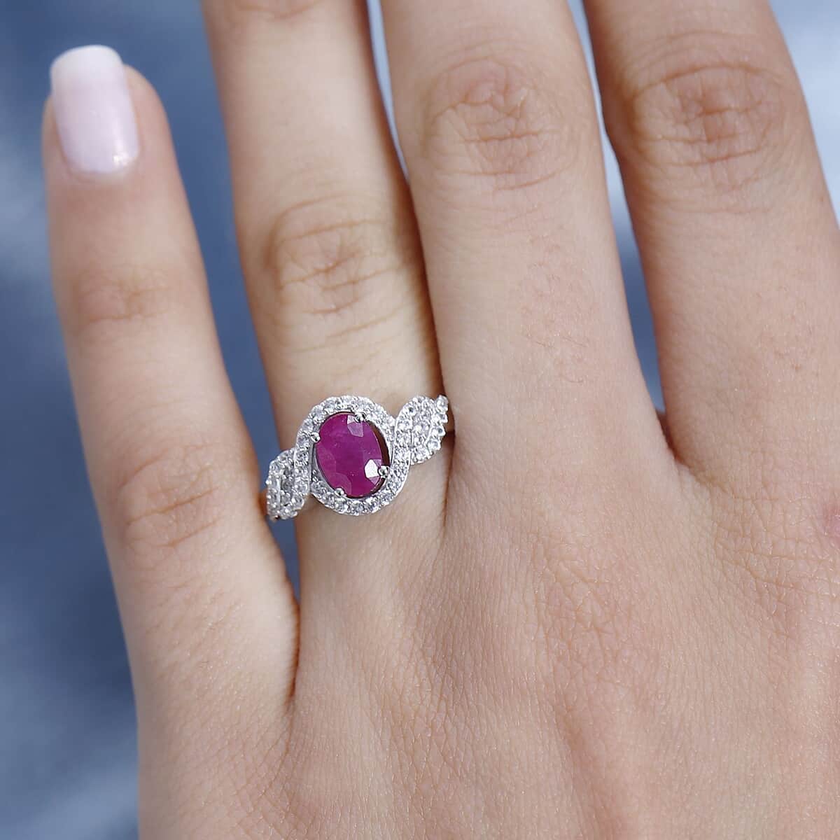 Premium Montepuez Ruby and White Zircon Halo Ring in Platinum Over Sterling Silver (Size 10.0) 1.50 ctw image number 2