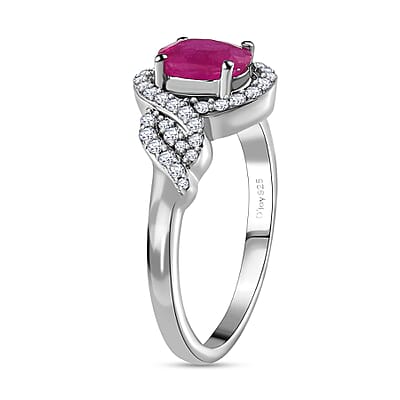 Premium Montepuez Ruby and White Zircon Halo Ring in Platinum Over Sterling Silver (Size 10.0) 1.50 ctw